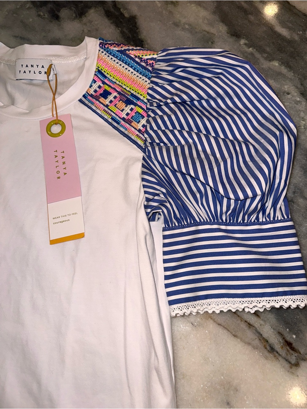 NWT Tanya Taylor Size XS Maddie Top Women’s White Embroidered Striped Sleeves - Picture 7 of 15